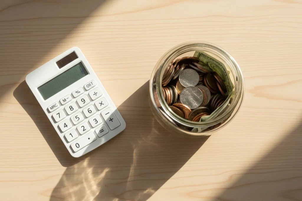 Debt consolidation loan guide — calculator and jar of saved coins representing financial savings