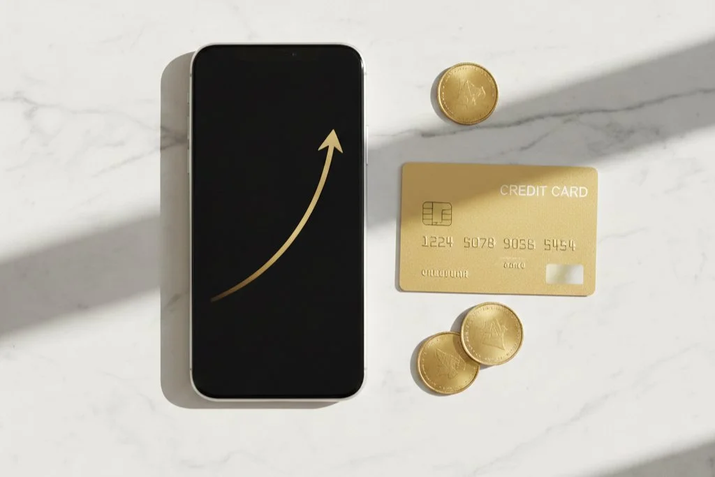 Personal loan vs credit card comparison — phone with upward arrow, gold credit card and coins